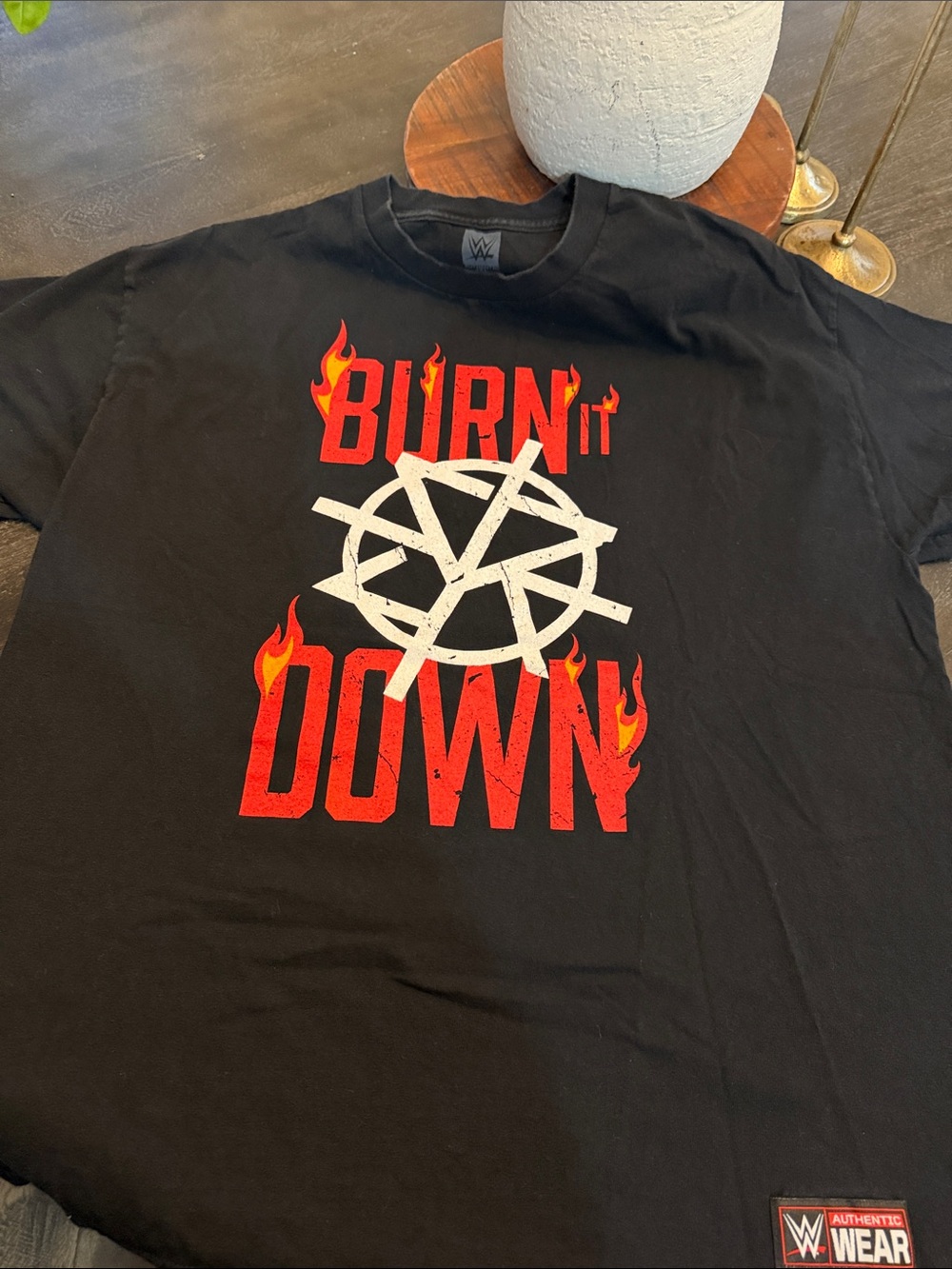 WWE Black Tee with Red and White 'Burn It Down' Graphic